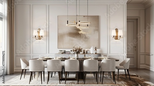 The contemporary dining room features white paneling  warm lighting and an elegant dining table for six. The space features a large painting on the wall above the buffet in neutral tones
