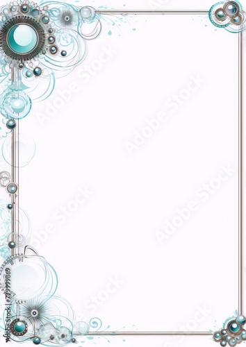 ornate frame with turquoise and silver gears and flourishes on a white background, digital art, steampunk, interior, frame