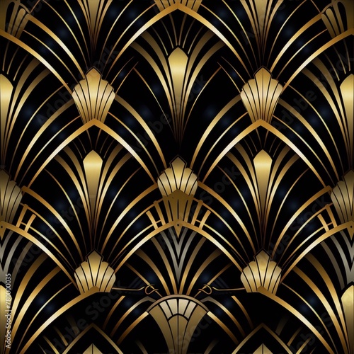 Art deco inspired vector pattern with golden elements on black background