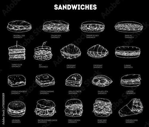Collection of various hand-drawn sandwiches. Sketch graphic elements for menu design, Vintage vector illustration.. Sandwiches set.