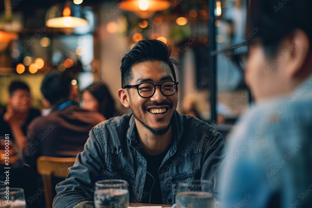 Asian millennial man sitting at cafe or bar with his friends, talking, smiling, drinking beer. They are laughing enjoying drinks and food in a pub indoors. Lifestyle, friendship, youth and fun. Asian millennial man sitting at cafe or bar with his friends, talking, smiling, drinking beer. They are laughing enjoying drinks and food in a pub indoors. Lifestyle, friendship, youth and fun.