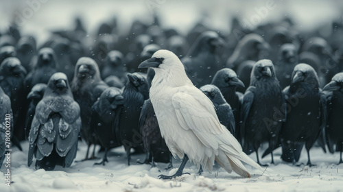 A white crow stands against the background of a flock of black crows. Individuality concept. photo