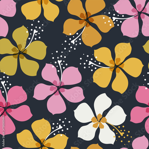 Floral tropical seamless pattern on black background. Vector.