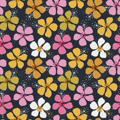 Floral tropical seamless pattern on black background. 