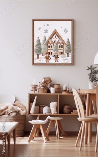 Snowy Gingerbread House With Kids In Scandinavian Minimalist Interior