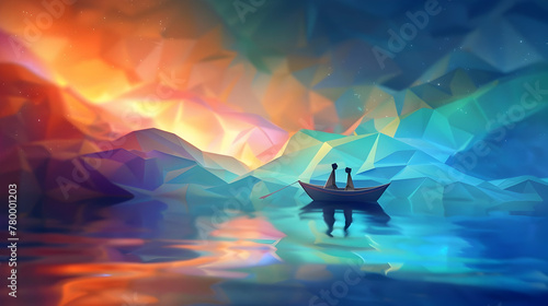 A paper couple floats in an origami boat across a reflective sea, surrounded by geometric shapes that mirror the colors of the sky.
 photo