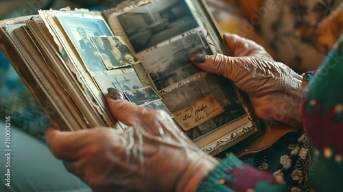 Aged hands of a senior person gently browse through a worn photo album filled with black and white memories.
 photo