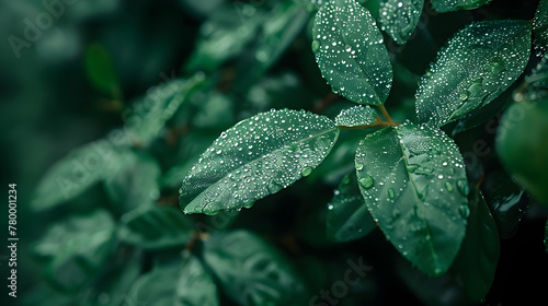Close-up of vibrant green leaves with fresh dew drops sparkling, showcasing the beauty of nature's details. 