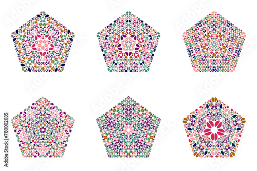 Ornate abstract stone ornament pentagon polygon set - geometrical pentagonal vector element