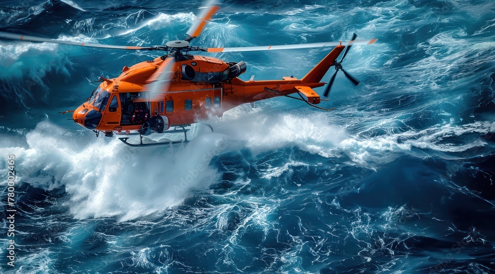 Vue aérienne d'un hélicoptère orange au-dessus de l'océan pendant un sauvetage en mer. Vue aérienne d'un hélicoptère orange au-dessus de l'océan pendant un sauvetage en mer.