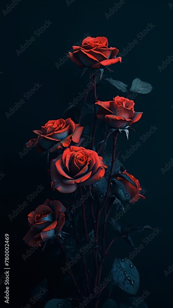 Dark red roses in full bloom against a dark blue background, with water droplets on the petals. Dark red roses in full bloom against a dark blue background, with water droplets on the petals.