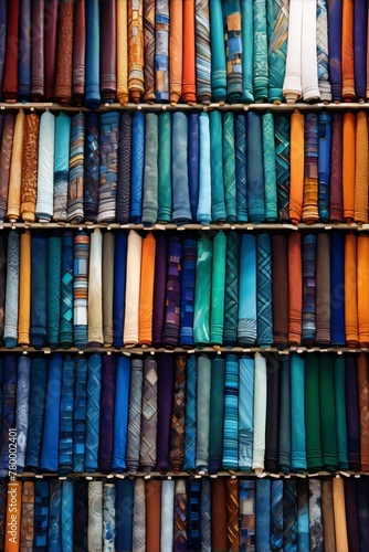 colorful fabric rolls neatly arranged on shelves in a haberdashery photo