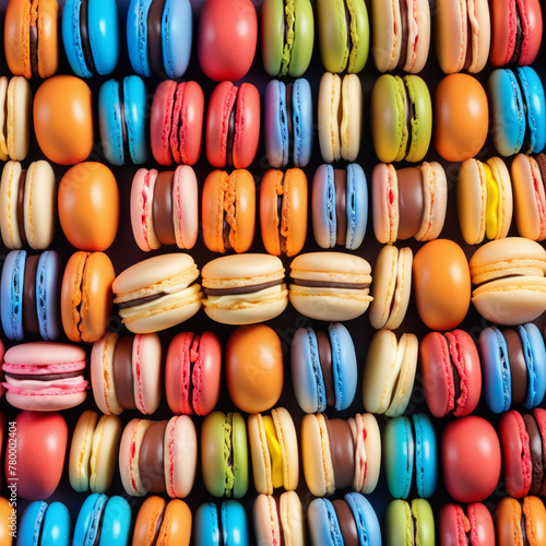 Multi-colored macarons in a row.