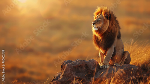 A majestic lion surveying its territory in the vast savannah, its golden mane flowing in the gentle breeze as it stands atop a rocky outcrop photo