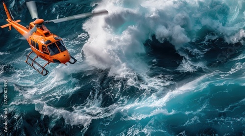 Vue aérienne d'un hélicoptère orange au-dessus de l'océan pendant un sauvetage en mer. © David Giraud
