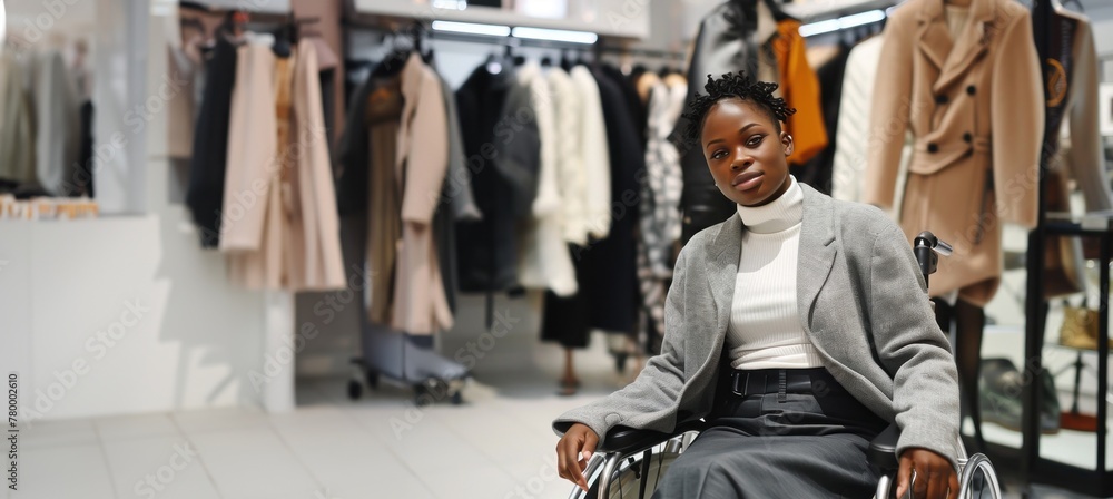 Une femme noire handicapée, assise dans un fauteuil roulant à l'intérieur d'un magasin de vêtements. Une femme noire handicapée, assise dans un fauteuil roulant à l'intérieur d'un magasin de vêtements.