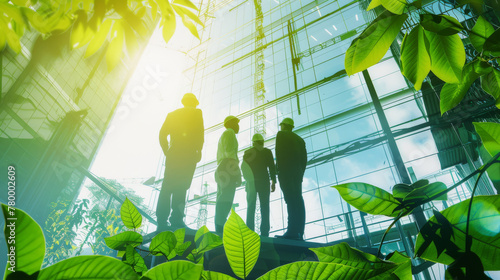 Architects and engineers practice green construction in the modern city. Environmental sustainability in construction drawings