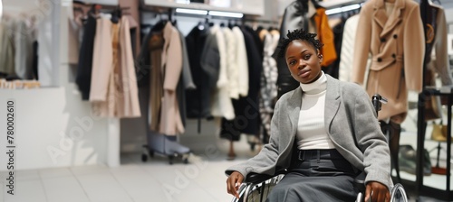 Une femme noire handicapée, assise dans un fauteuil roulant à l'intérieur d'un magasin de vêtements.