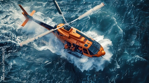 Vue aérienne d'un hélicoptère orange au-dessus de l'océan, avec une équipe de secours pendant un sauvetage en mer. photo