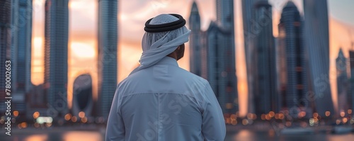 Un homme arabe vêtu d'un kandora blanc regardant au loin les gratte-ciel d'une ville, au coucher du soleil. © David Giraud