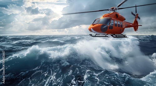 Vue aérienne d'un hélicoptère orange au-dessus de l'océan, avec une équipe de secours pendant un sauvetage en mer.