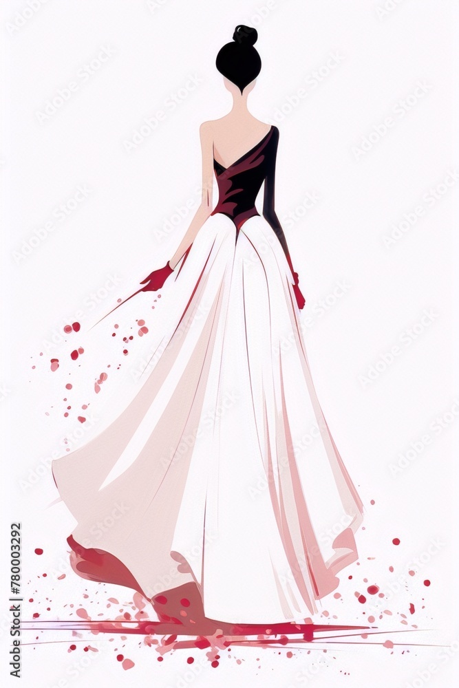 Black haired woman in red and white dress walking away ,fashion, watercolor, minimalism Black haired woman in red and white dress walking away ,fashion, watercolor, minimalism