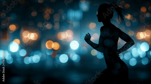 Silhouette of a woman runner in the stadium against the backdrop of glare and lights. Sports background. photo