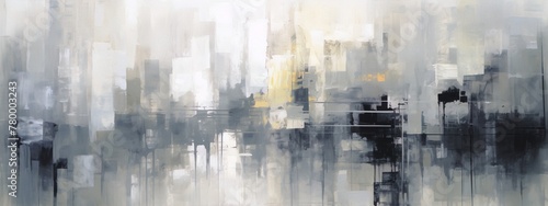 Large abstract painting with a cityscape theme in shades of grey  white and yellow  with a hint of black  using acrylics on canvas in an urban expressionist style.