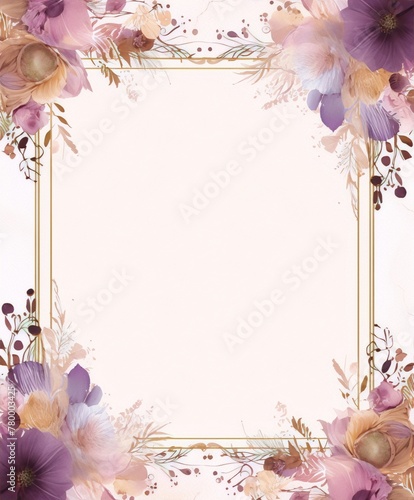 Frame of purple, lilac and pink flowers with golden elements on a beige background, digital art, art deco, interior, floral.