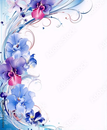 Elegant floral corner design with blue and purple orchids on a light blue background in a modern style