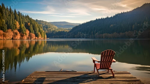 Wooden dock extending out into a calm lake with an Adirondack chair at the end overlooking a forest of pine trees and mountains in the distance photo