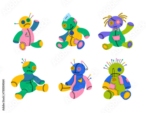 Cartoon Color Different Cute Voodoo Doll with Needles and Pin Set Concept Flat Design Style. Vector illustration