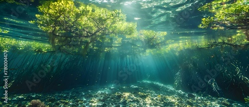 Mangrove Serenity: Light Dances in Raja Ampat. Concept Nature Photography, Tropical Landscapes, Sunset Reflections, Marine Life, Colorful Coral Reefs