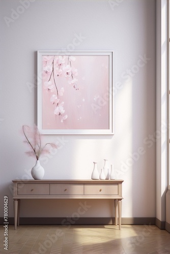 Delicate pink cherry blossom painting in white frame above wooden console with 3 white vases on it in bright interior with herringbone parquet