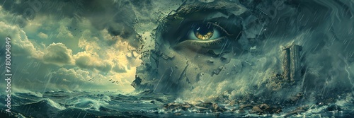 Design a piece of digital art featuring a single, powerful eye of Zeus amidst the ruins of his statue, with a storm raging in the reflection of the eye