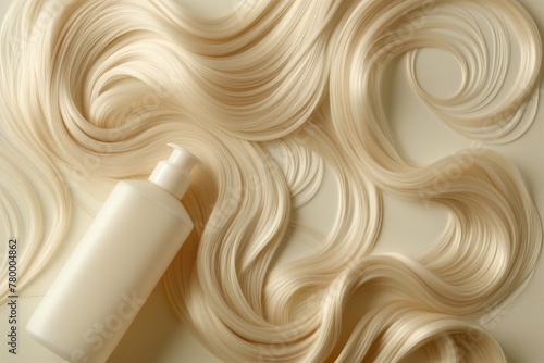 Mockup bottle of shampoo lies in a blonde strand of hair. Flay lay. Copy space for text. Concept beauty eco product design, skincare and haircare. photo
