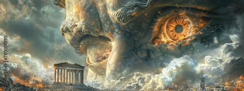 Design a piece of digital art featuring a single, powerful eye of Zeus amidst the ruins of his statue, with a storm raging in the reflection of the eye