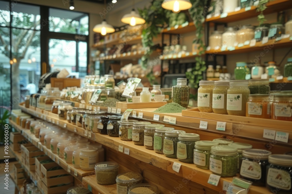 Eco-friendly gourmet store greeting customers with tasty fresh food supplies home decorations eco packaging sustainable life happy staff delicacy delicious spices herbs cooking small business owner