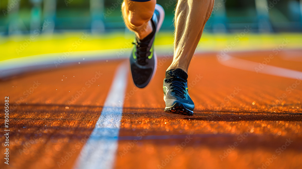 Fototapeta premium Closeup view of a man running on a running track
