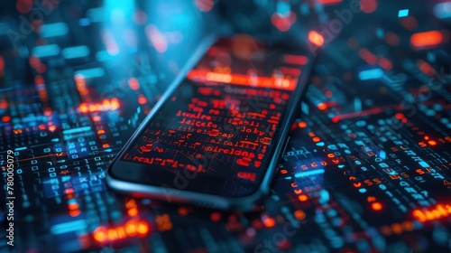 Photograph a close-up of a smartphone displaying an alert for a vulnerability detected within its system, set against a backdrop of coding and firewall graphics