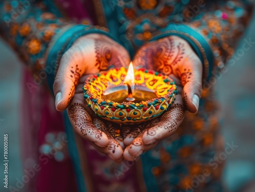 Photograph a close-up of hands holding a small, intricately decorated diya (lamp), its light illuminating the intricate henna designs on the palms