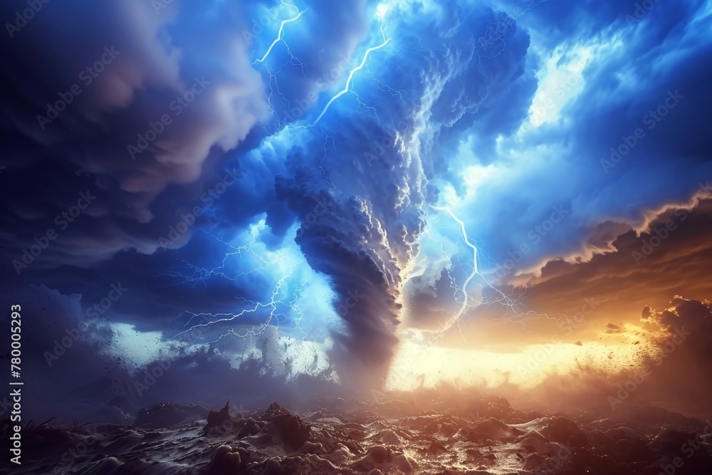A very large tornado dominating the sky with its immense size and presence A very large tornado dominating the sky with its immense size and presence