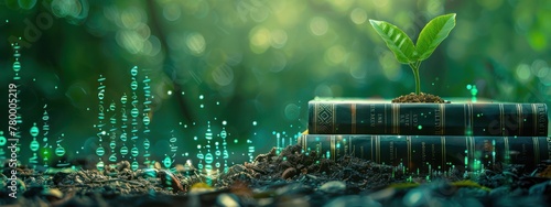 Photograph a series of hardcover books on various STEM subjects, with a young plant growing atop the stack and digital binary code overlaying the scene, highlighting the growth of STEM education photo