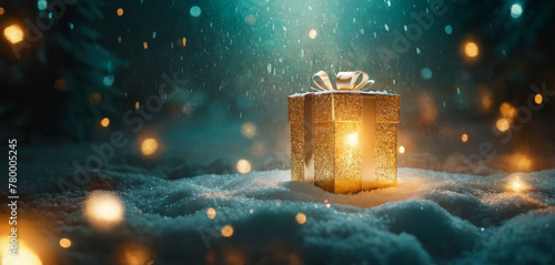 A gift box perched atop a mound of snow, contrasting its colorful wrapping against the white landscape. The wintry scene suggests a festive surprise awaiting discovery.