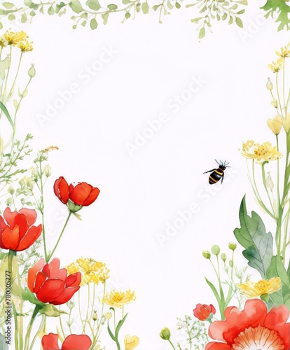 watercolor painting of red poppies, yellow buttercups, and other wildflowers with a bee on a white background