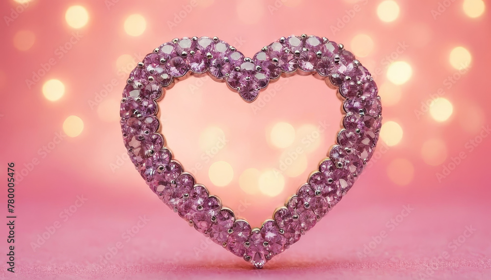 A pink heart-shaped brooch is placed on a table, resting elegantly against the wooden surface.