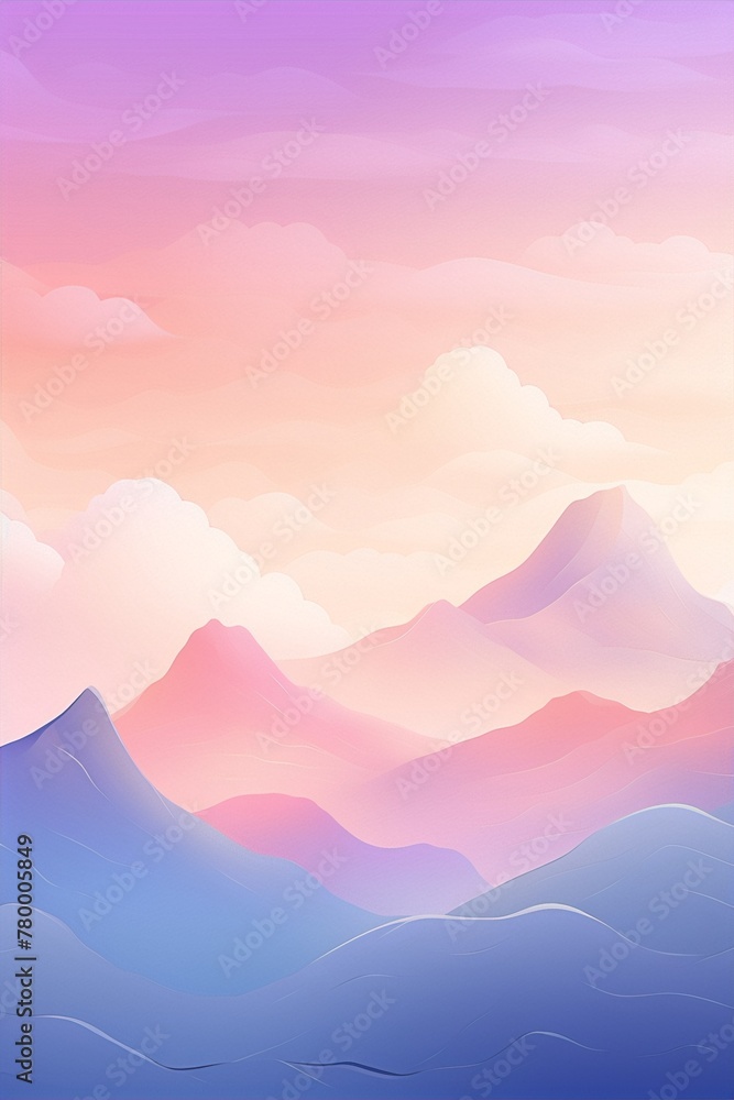 A minimalist landscape of pink and purple mountains at sunset in a flat vector style with a gradient background.