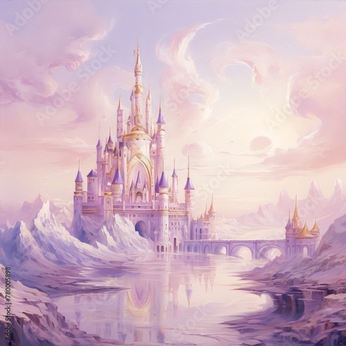 A magical castle with a beautiful winter landscape, pink clouds and snow, in a surrealism style with a touch of fantasy