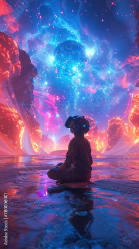 A conceptual portrayal of a future VR session  where a person is surrounded by a digitally constructed  vividly colorful universe
