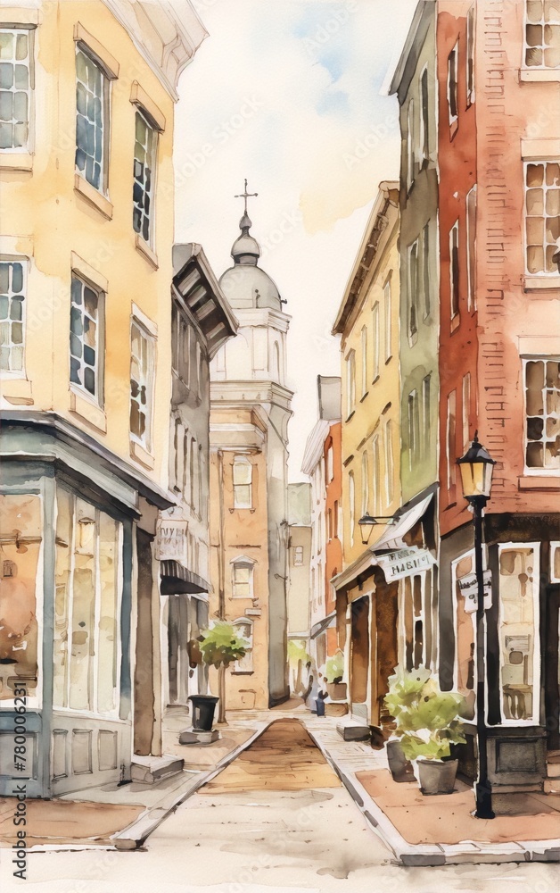 Watercolor painting of a narrow street with colorful buildings in an urban setting with a church in the background